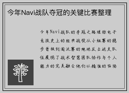 今年Navi战队夺冠的关键比赛整理