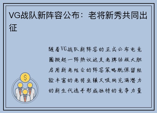 VG战队新阵容公布：老将新秀共同出征